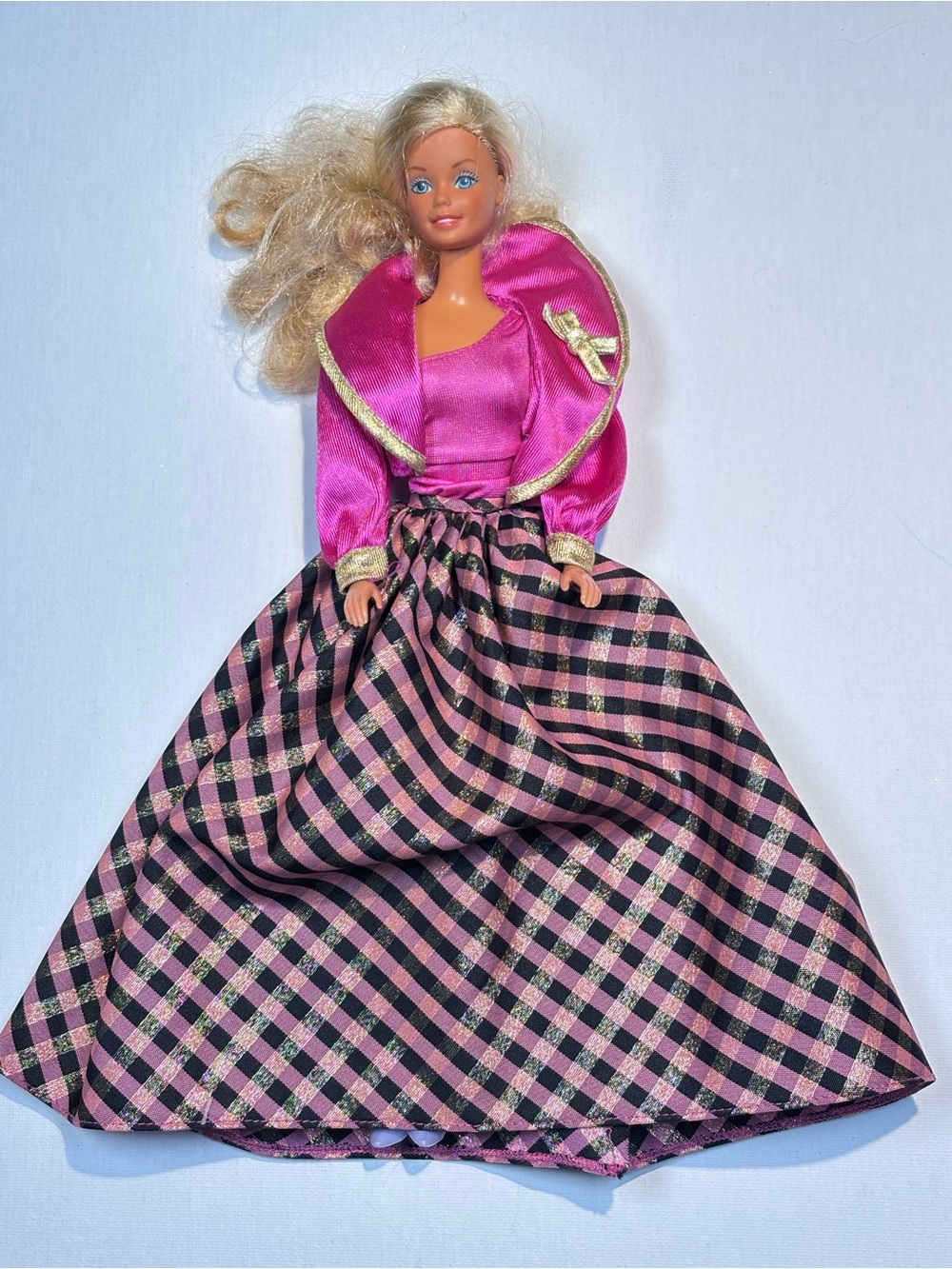 Vintage Barbie Doll with Fuchsia Pink & Black Plaid Winter Ballgown Skirt